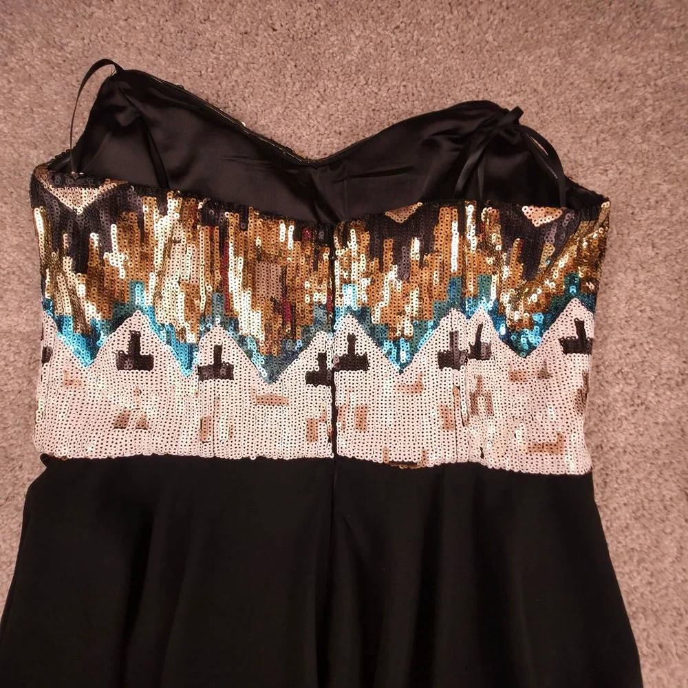 GB Sequin Bodice Strapless Dress Womens Large Black Gold Geometric Mini Cocktail